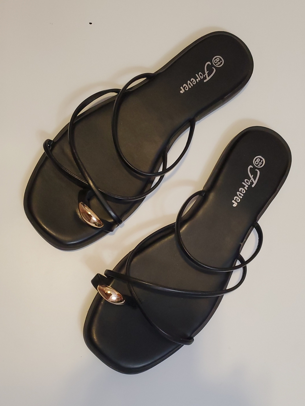 Forever 21 Black Strappy Slide Sandals with Gold Accent Bead